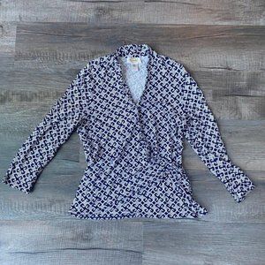 Navy blue w/White Geometric Design Blouse Talbots Size Medium
